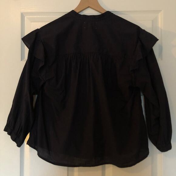 Xirena Aria Blouse Ruffle Black Gauze Split V-Neck Relaxed Fit Size Small EUC - Picture 3 of 7